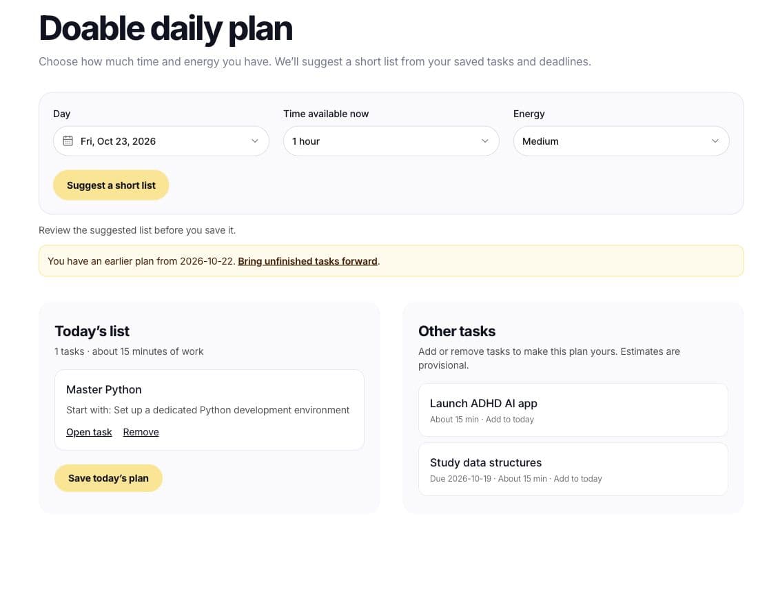 Daily Plan workspace with time and energy settings and a reviewed task list